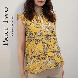 Sz S Part Two Copenhagen Yellow Tiered Cap Sleeve Floral Blouse w/Ruffled Collar